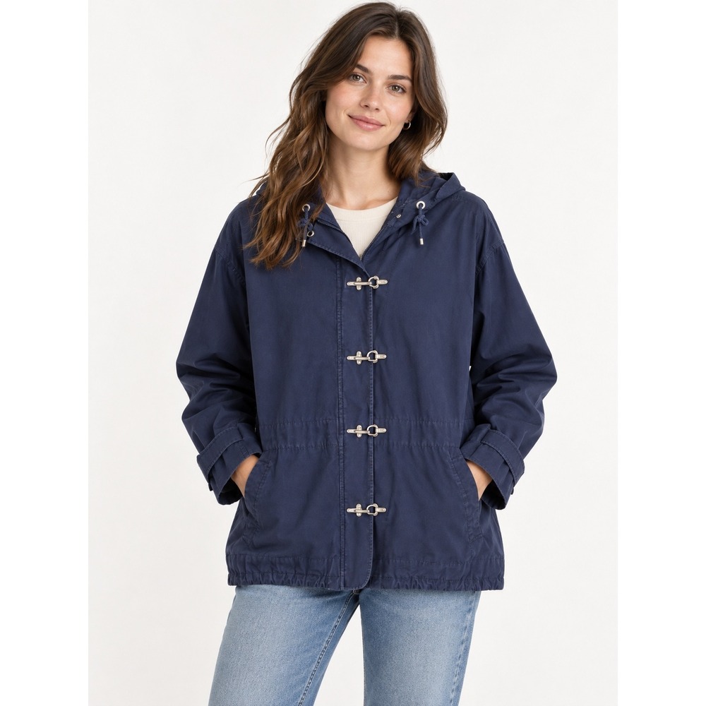 Points West Navy Blue Cotton Hooded Parka Metal Toggle Lobster Claw Jacket Large